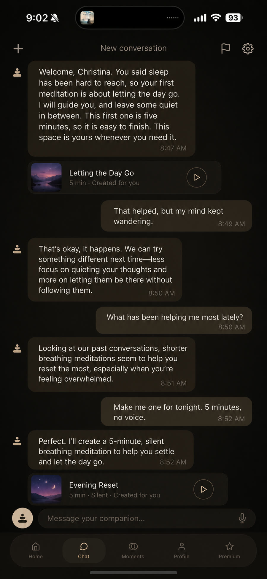 Karira chat showing a reflection, a follow-up conversation and personalized meditation cards
