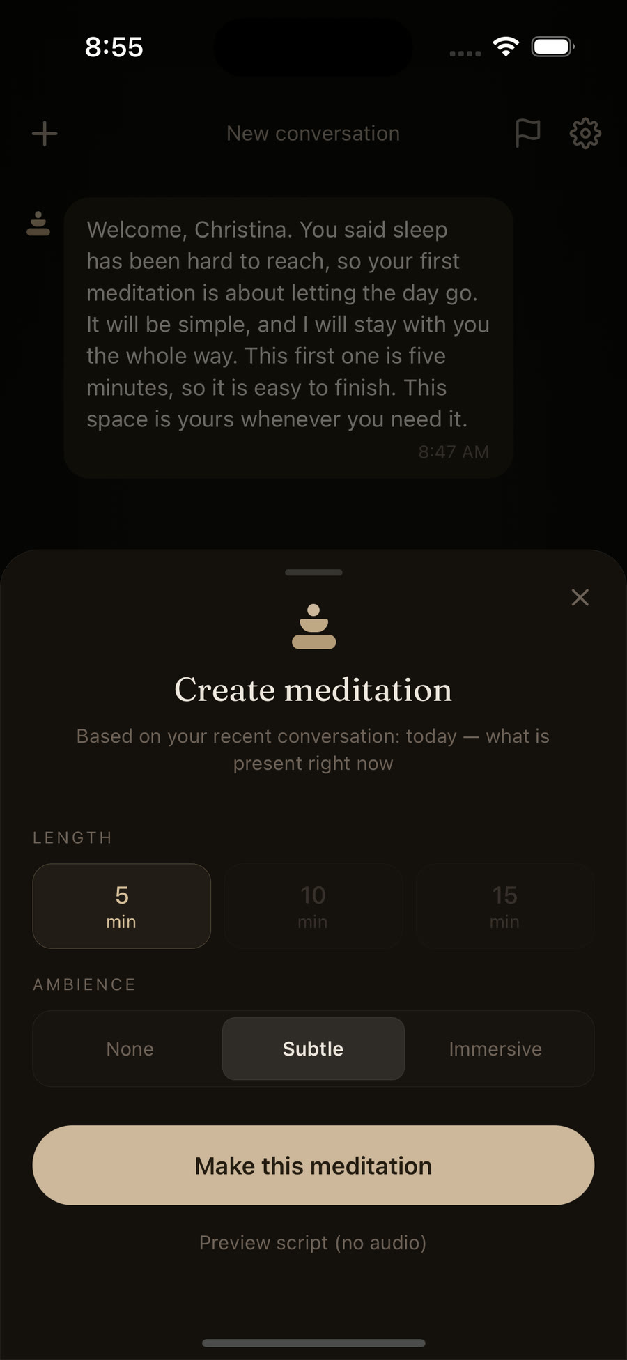 Create meditation screen with 5, 10 and 15 minute options and three ambience settings