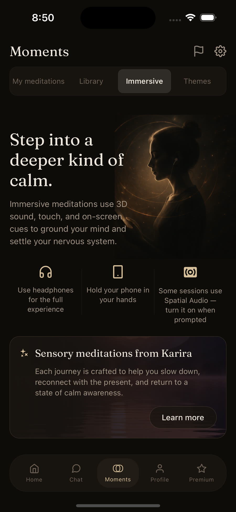 Immersive meditations that use sound, touch and on-screen cues.