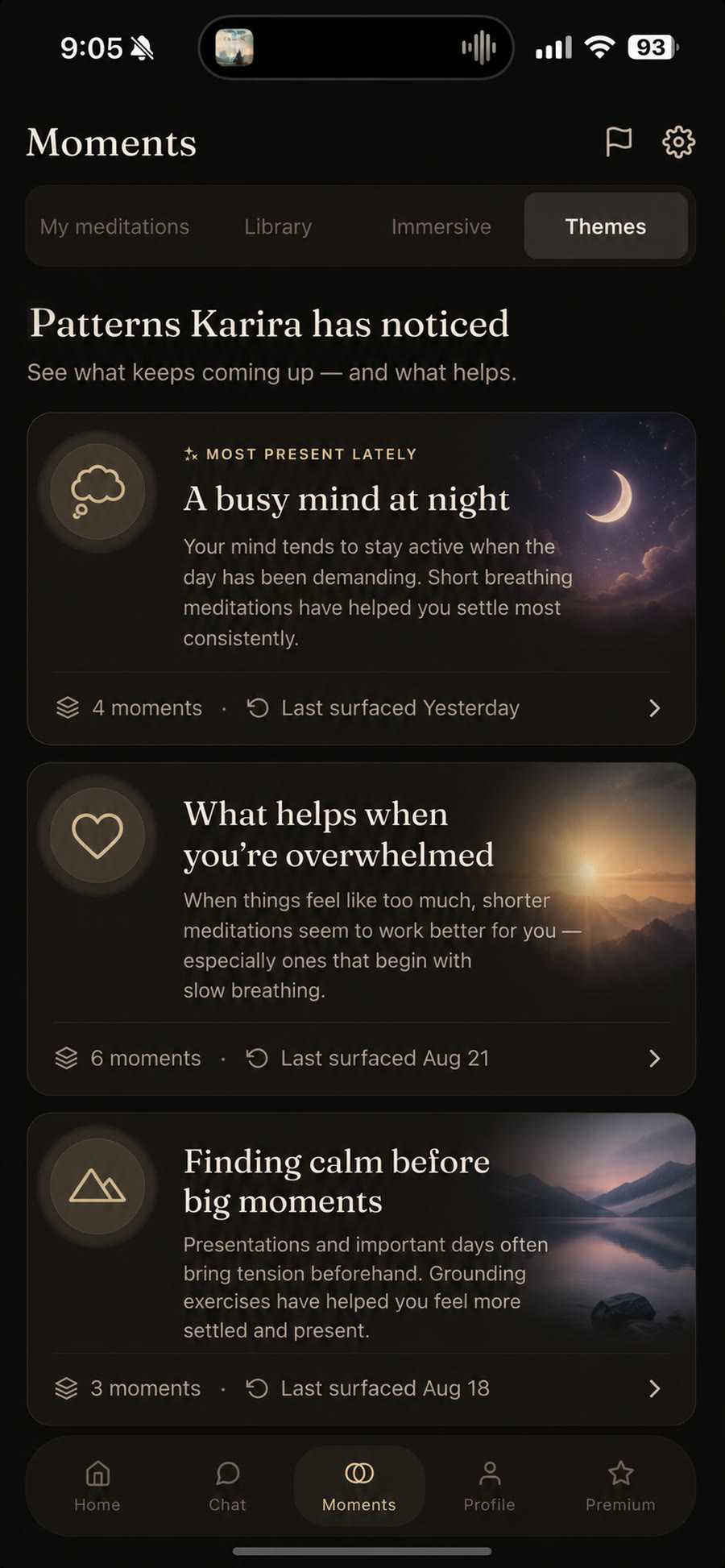 Karira app showing recurring themes drawn from reflections