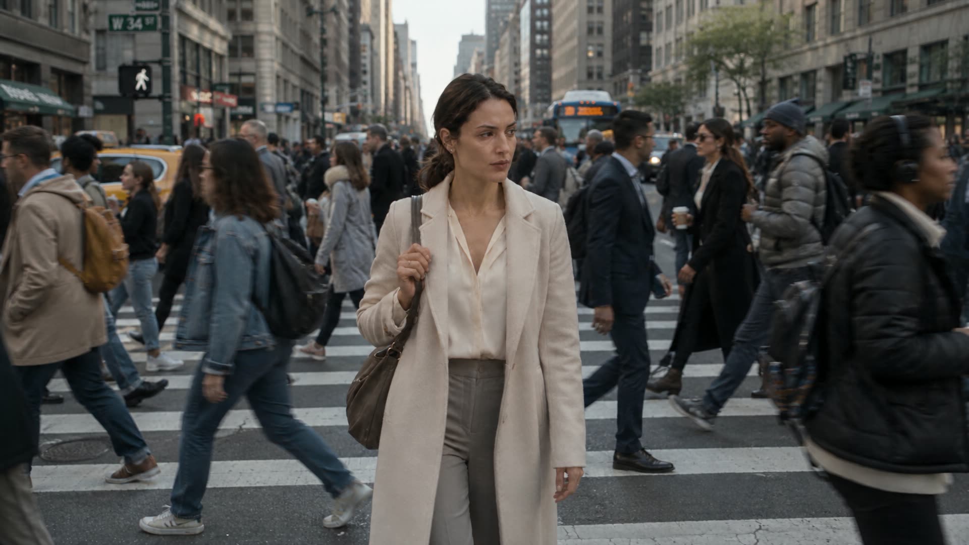 A woman walking through a busy city crossing, from the opening of Karira’s visual story